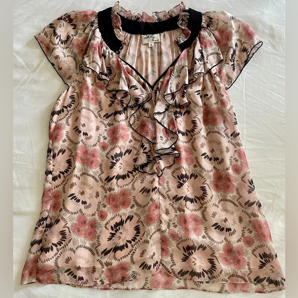 MILLY Floral Blush Silk Ruffle Printed Blouse, Size 6 - Picture 2 of 11
